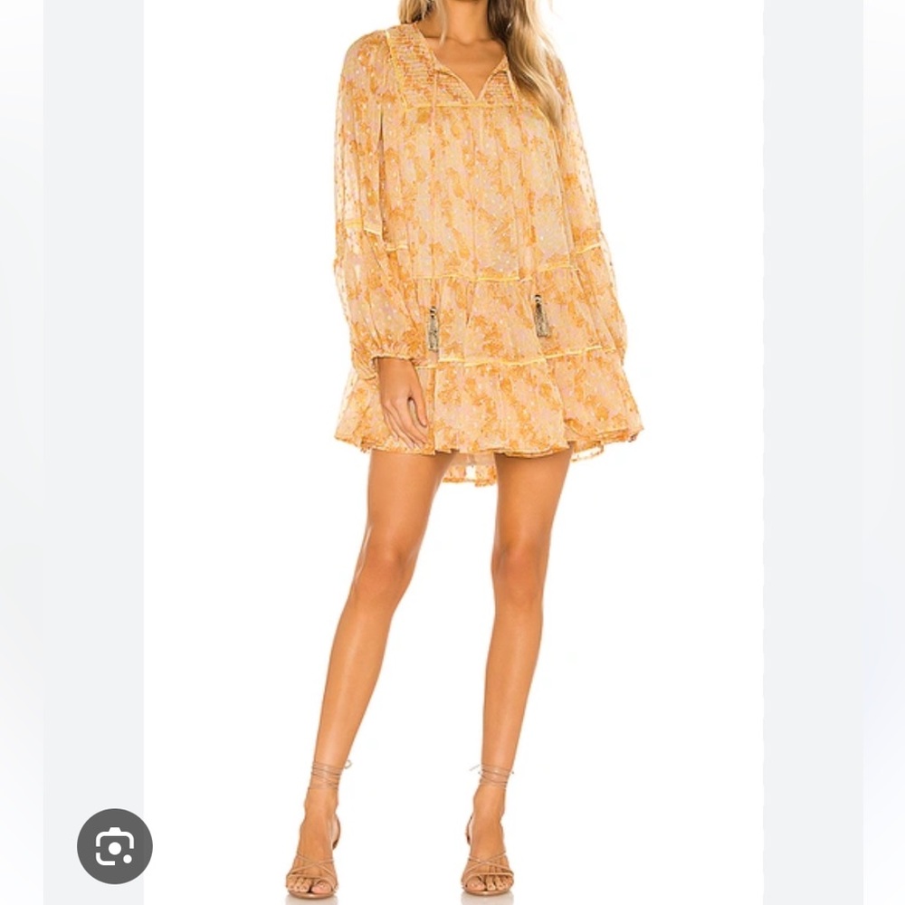 Free People Orange pop combo sheer floral tired balloon sleeve mini dress